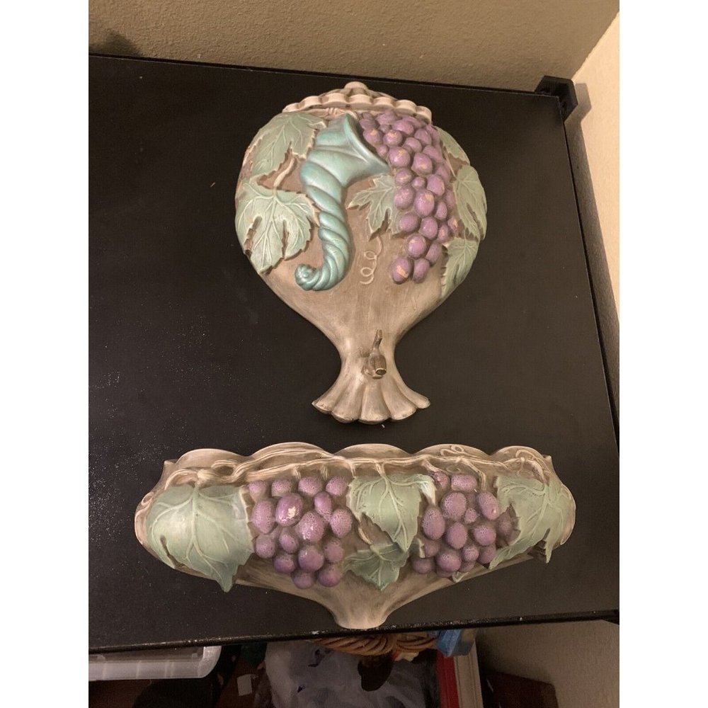1970s Arnel's Ceramic PotterY Hand Painted Lavabo Grapes and Leaves Wall Decor